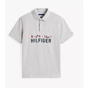 TOMMY HILFIGER MEN'S S/S‎ POLO SHIRT~SZ LRG~GRAY NAUTICAL FLAG~NWT